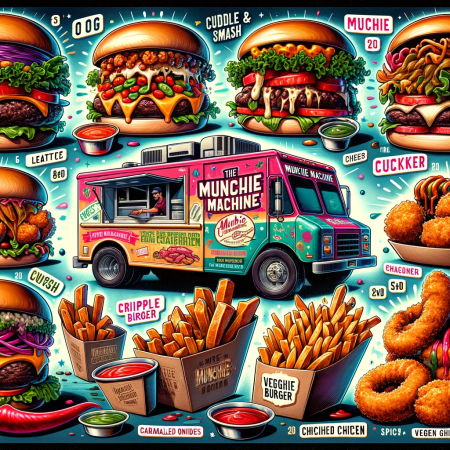 DALL·E 2023-11-16 20.46.44 - An artistic representation of The Munchie Machine's menu, highlighting a diverse and appealing selection of dishes. Featured are 'THE OG' burger, a cl