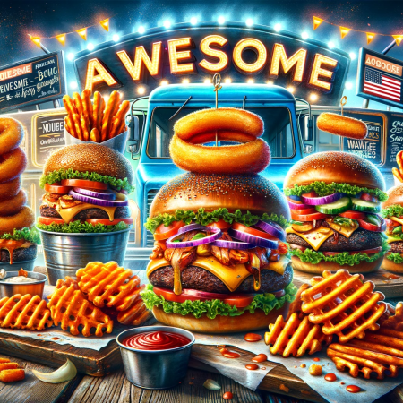 DALL·E 2023-11-16 20.51.13 - An exciting and vibrant image showcasing the best dishes of a food truck, emphasizing the quality and deliciousness of the burgers. The scene includes