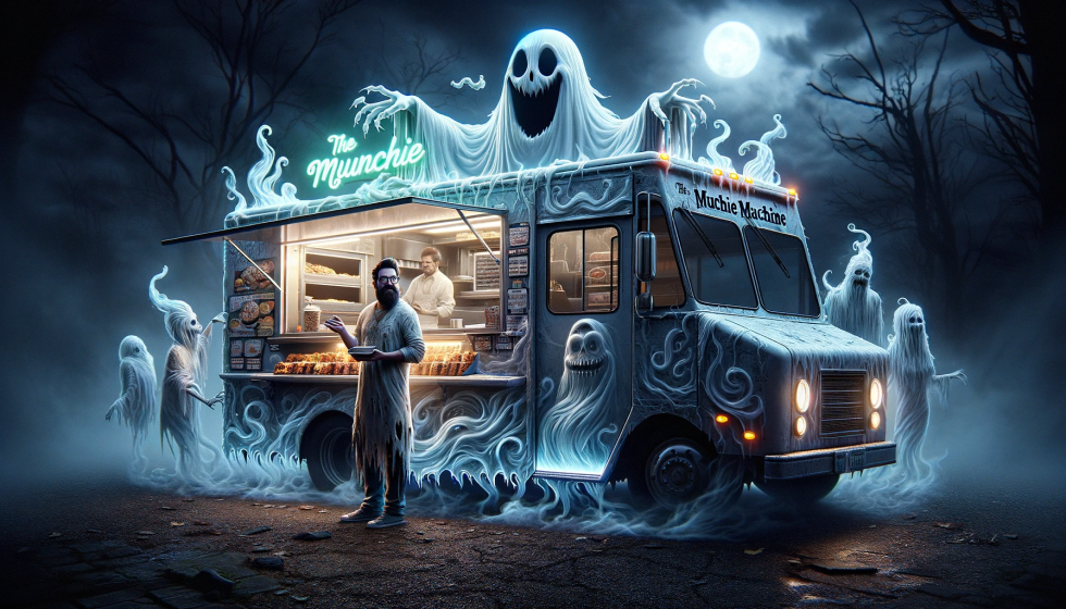 DALL·E 2023-11-16 22.10.13 - Image_ A ghost-themed version of a food truck scene. The food truck operator is a ghostly figure with a lean build, a goatee, wearing glasses, and wid
