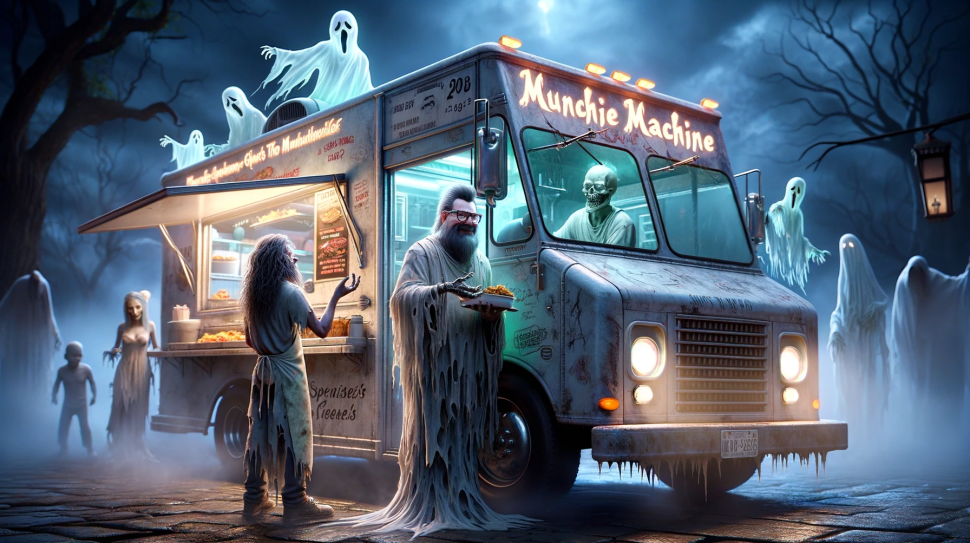 DALL·E 2023-11-16 22.10.16 - Image_ A ghost-themed version of a food truck scene. The food truck operator is a ghostly figure with a lean build, a goatee, wearing glasses, and wid