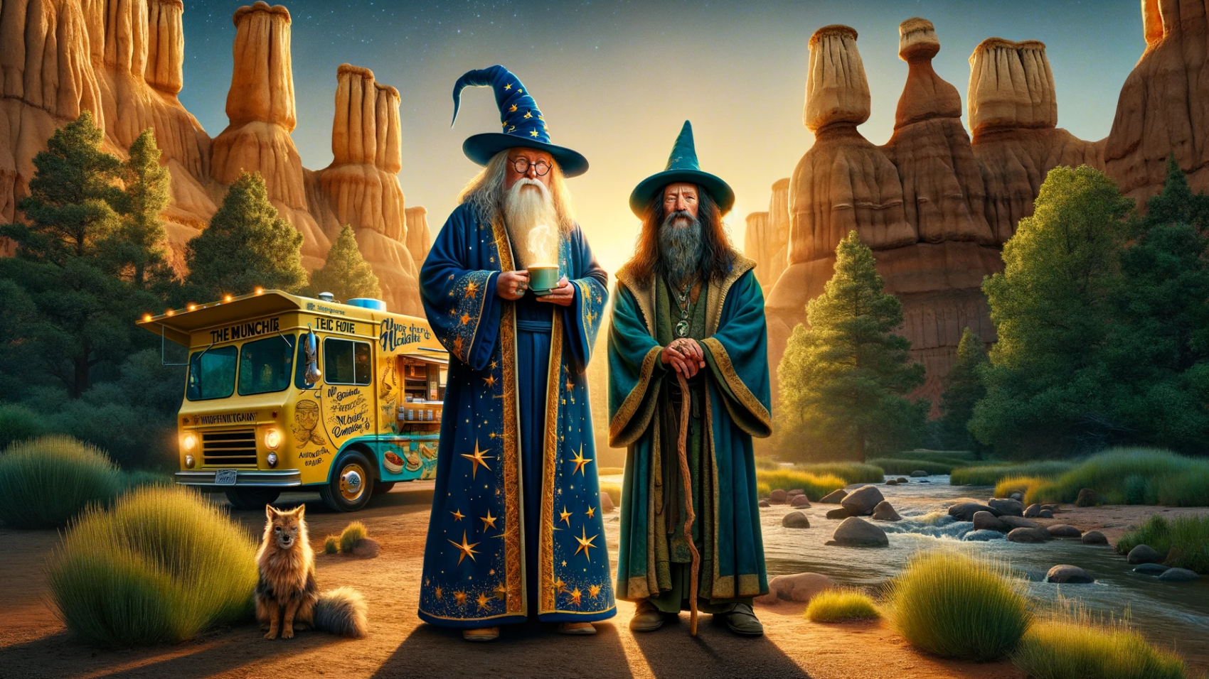 DALL·E 2023-11-21 22.31.45 - Create an image of two wizards of similar age, standing in a mystical desert setting with hoodoos and a river. The wizard on the left wears a deep blu