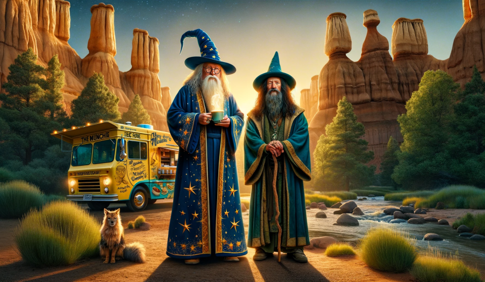 DALL·E 2023-11-21 22.31.45 - Create an image of two wizards of similar age, standing in a mystical desert setting with hoodoos and a river. The wizard on the left wears a deep blu