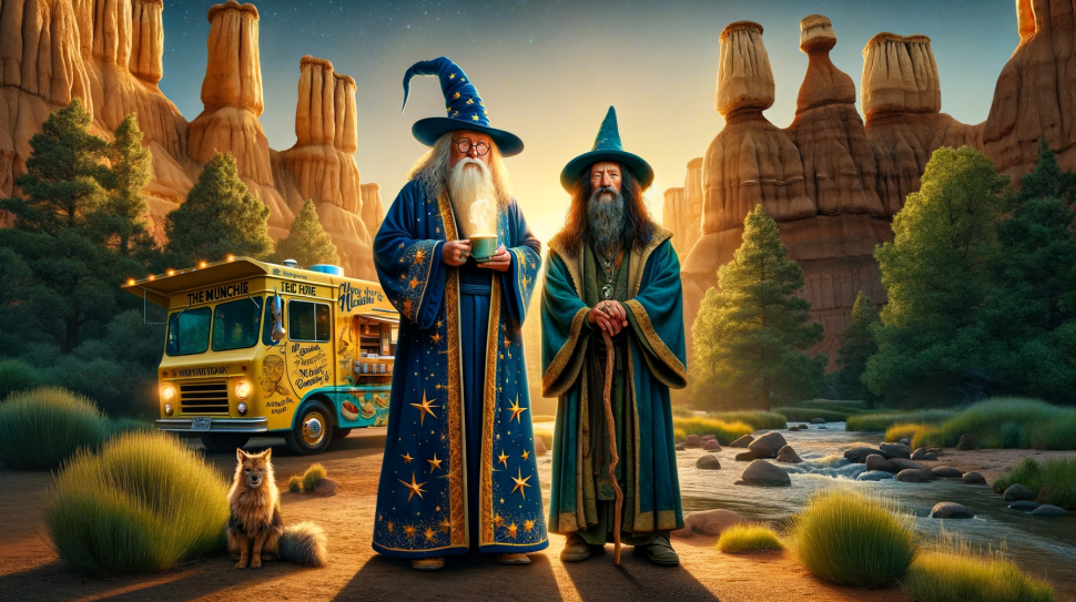 DALL·E 2023-11-21 22.31.45 - Create an image of two wizards of similar age, standing in a mystical desert setting with hoodoos and a river. The wizard on the left wears a deep blu