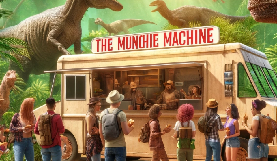 DALL·E 2024-04-21 22.20.27 - Create an image with 'The Munchie Machine' food truck in a vibrant prehistoric jungle. Surround the truck with a group of adult customers, aged over 1