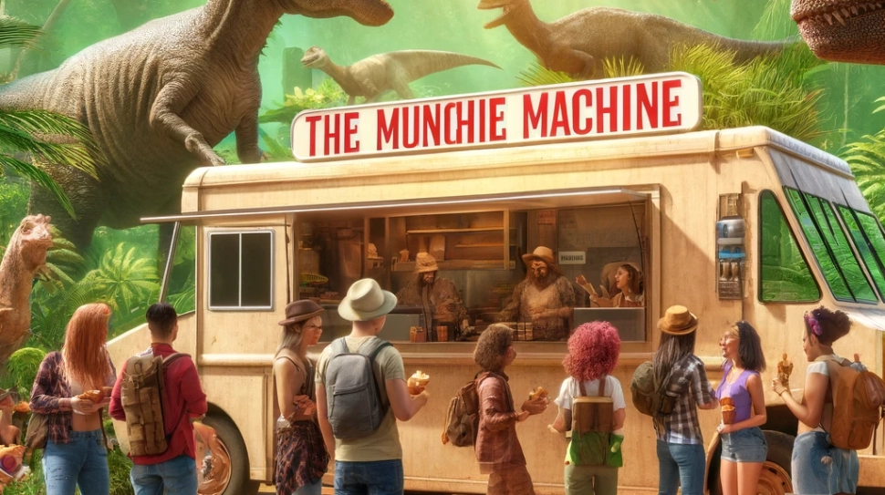 DALL·E 2024-04-21 22.20.27 - Create an image with 'The Munchie Machine' food truck in a vibrant prehistoric jungle. Surround the truck with a group of adult customers, aged over 1