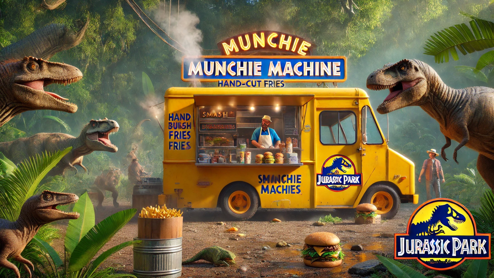 DALL·E 2024-10-19 06.32.14 - A hyper-realistic Jurassic Park scene featuring the yellow 'Munchie Machine' food truck with a bold blue logo and playful orange font. The food truck,