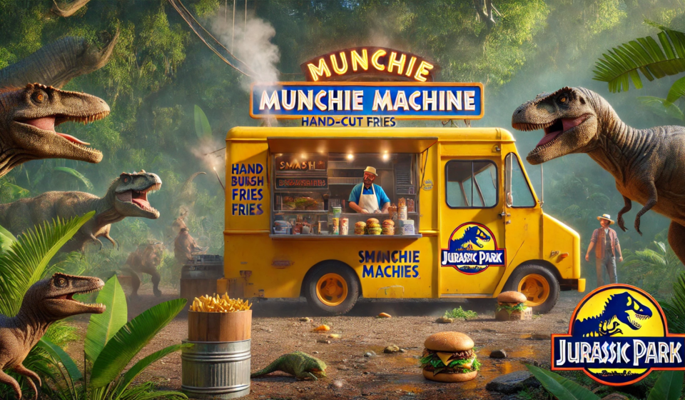 DALL·E 2024-10-19 06.32.14 - A hyper-realistic Jurassic Park scene featuring the yellow 'Munchie Machine' food truck with a bold blue logo and playful orange font. The food truck,