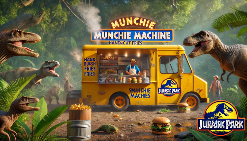 DALL·E 2024-10-19 06.32.14 - A hyper-realistic Jurassic Park scene featuring the yellow 'Munchie Machine' food truck with a bold blue logo and playful orange font. The food truck,